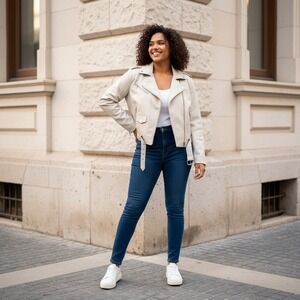 Levi Strauss Co Womens Faux Leather Moto Biker Jacket Cream Size 2X